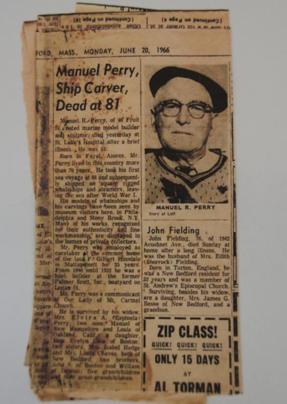 Manuel Perry's obituary. Perry was the caretaker for the Hinsdales' home at 20 Water Street and an artist. SOURCE MATTAPOISETT HISTORICAL SOCIETY